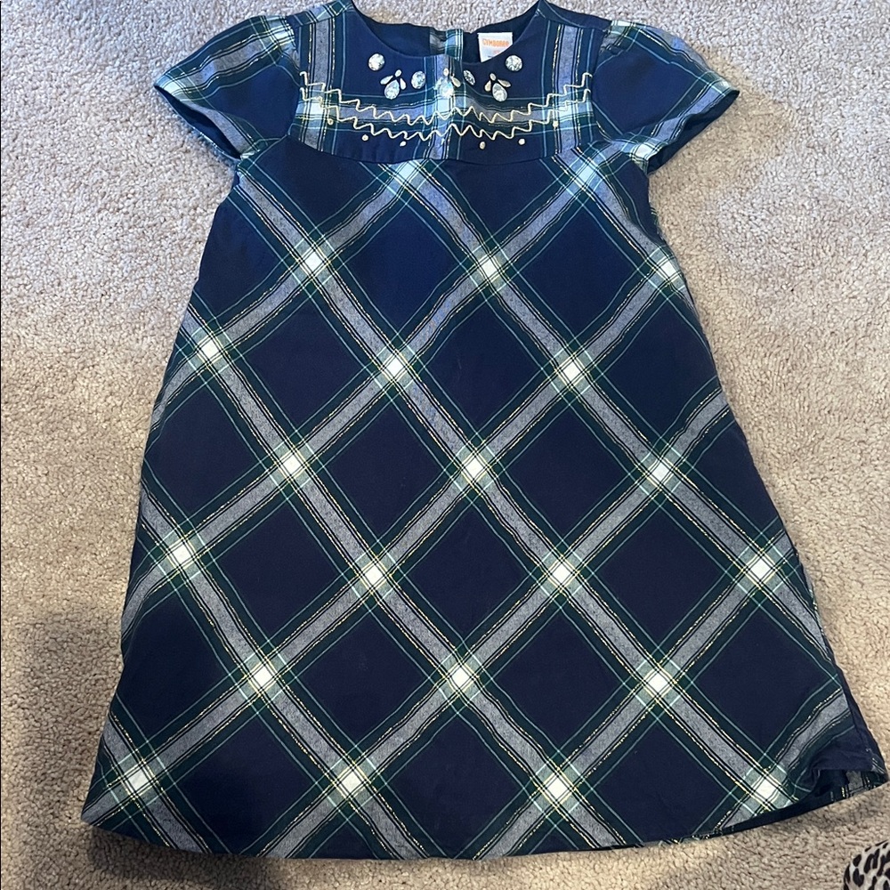 Gymboree Navy and Green Plaid Dress with Gem Accents